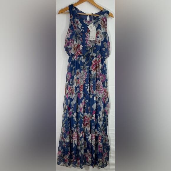 NWT LARA G By Lara Guidotti Floral Silk Viscose Blend Maxi Dress M L XL Blue - Picture 3 of 16